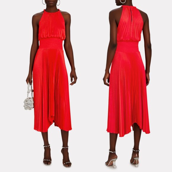 A.L.C. Renzo II Asymmetric Pleated Midi-dress Red Halter Neckline Smocked NWT - Picture 1 of 12